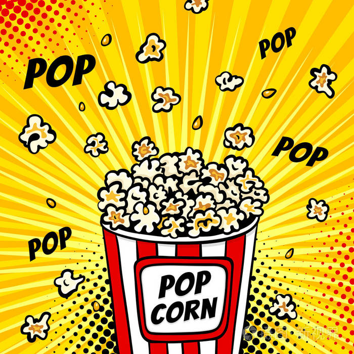波普艺术快餐在电影院里.与爆米花爆裂开箱即用的彩色背景.在漫画复古