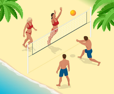 沙滩排球球球员跳跃在网上，试图阻止球。夏季活动节日概念。矢量等轴图