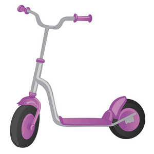矢量滚子滑板车。平衡的自行车。卡通可爱彩色滑板车设计或 web 页 海报。孤立在白色背景上的推滑板车。孩子的生态运输