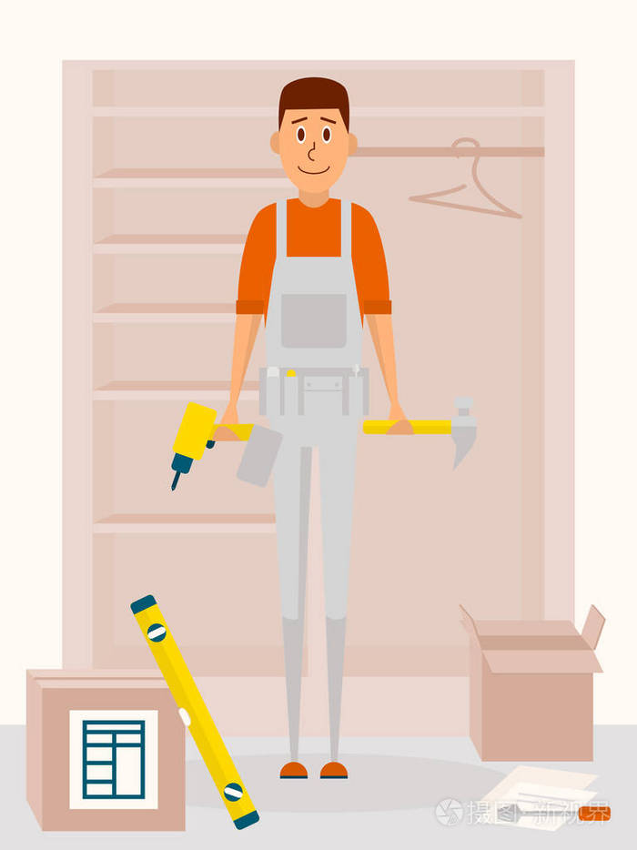 家具组装服务人矢量卡通人物在平面样式设计杂工与钻具和手中的锤子用