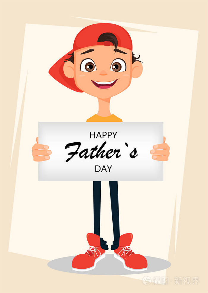 快乐的父亲节贺卡.男孩抱着度假的标志与问候.可爱的卡通人物.