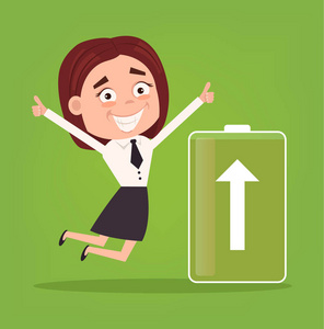 在白色背景下隔离卡通人物, 低电池商人与电插头, 矢量 eps10业务人