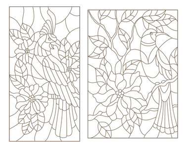 在开花植物的树枝上设置轮廓插图的彩色玻璃与鸟