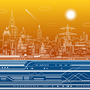 基础设施图 现代城市 飞机飞行 火车移动 城市场景 蓝色和橙色背景，矢量设计艺术上的白线