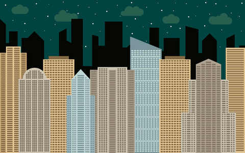 夜晚的城市景观。现代建筑与城市景观 摩天大楼的街景