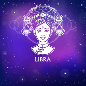 星座是天秤座.梦幻般的公主,动画肖像.白画,背景恒星的夜空.