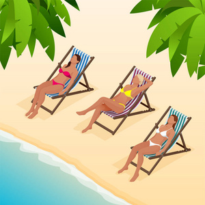 人落入大海的图苗条的女人在附近的大海, 沙滩, 暑假日光浴浴床上海滩