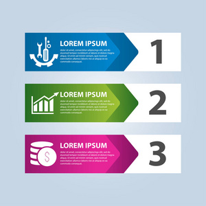 矢量图中的箭头和数字形式。图表 3 步骤与箭头为 web 站点 图表 报表 业务演示文稿 工作流 教育。横幅与三个操作