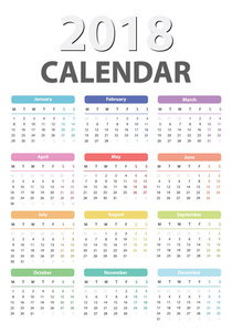 周一，矢量日历设计 2018 年日历 2018 开始