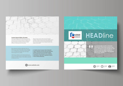 广场的业务模板设计小册子 传单 报告。小叶封面 抽象矢量布局。化学模式，六角形分子结构上蓝色。医学 科学 技术的概念