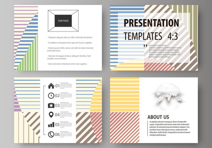 演示文稿幻灯片的业务模板集。很容易编辑抽象矢量布局在平面样式。简约的设计，线条，几何形状形成的美丽背景