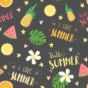 无缝夏季模式与热带水果和手写字体
