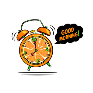 漫画的闹钟形式片橙色响和表达与早上好 讲话泡泡.