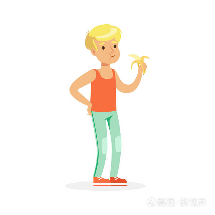 可爱的金发男孩吃香蕉果实,丰富多彩的人物矢量图插画
