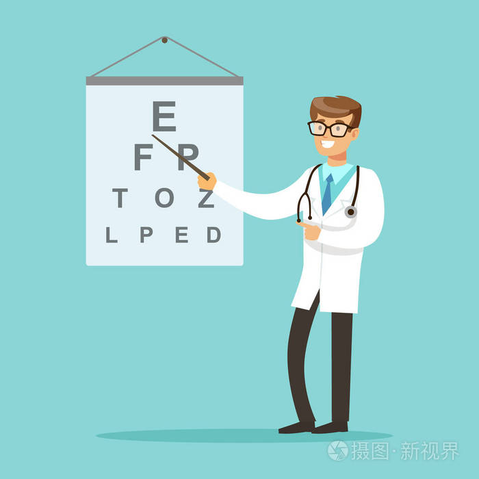 微笑着指着检查文本向量插图的眼科医生或眼科医生医生字符插画-正版