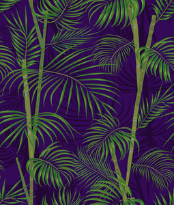 无缝的手绘制热带模式与棕榈叶，丛林异国叶在深色背景上