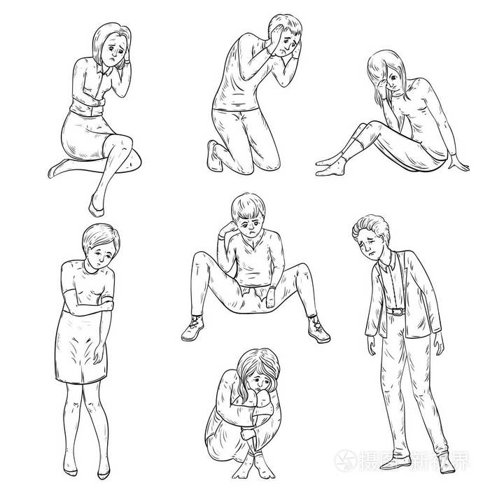 插画 人们用不同的姿势的沮丧情绪.在素描风格的矢量图.eps