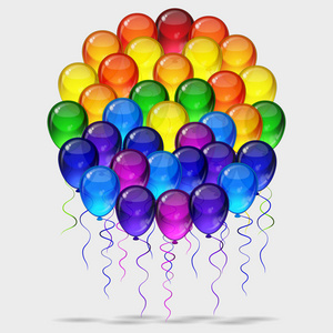 生日聚会矢量背景五颜六色的喜庆气球，用绳索飞为庆祝卡在孤立的白色背景，你发短信的空间