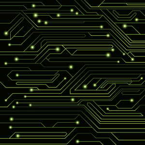 高科技背景下的绿色颜色从一个电脑板指示灯和发光霓虹灯连接器。计算机电路。一个大型的电子网络。矢量图