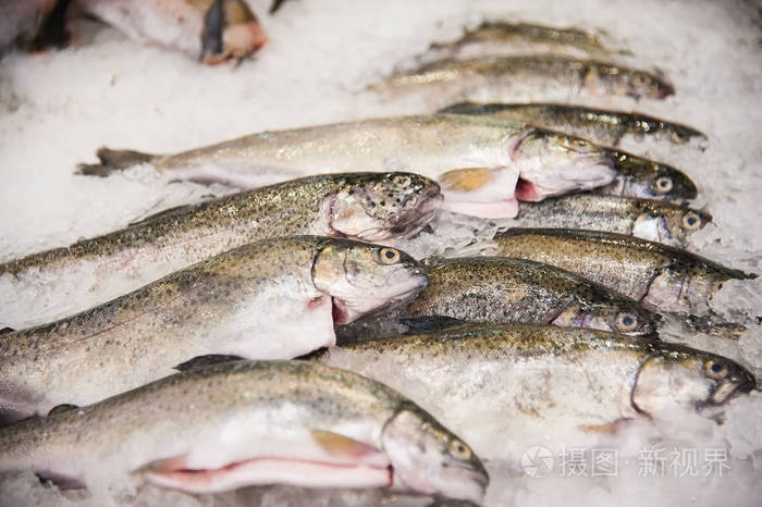 鱼肉产品在商店的货架上. 一堆鱼在冰上