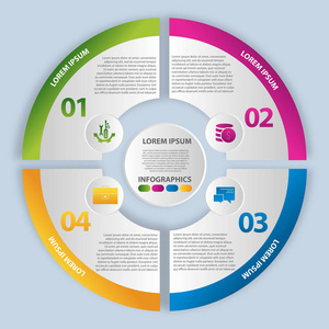 矢量图。在一个圆圈和 4 段的形式的图表。模板图 演示文稿 商业 教育，四个步骤和圈中心
