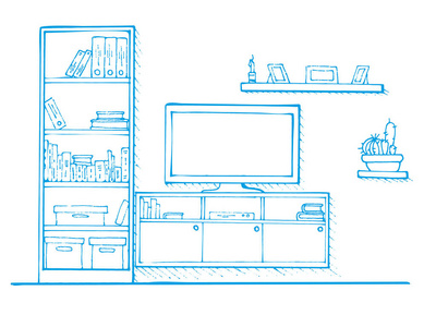 剪影画的一支蓝色的钢笔。线性素描的内政。书架，书架和电视的梳妆台。矢量图