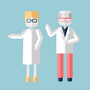 两个老人的人物，一个男人和女人穿白大褂。医生 科学家或化学家。平面样式上白色, 孤立的矢量图