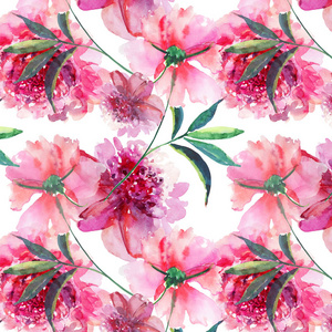 明亮的可爱的温柔的可爱的美丽的美妙的春天花卉草药粉色牡丹与绿色叶和芽水彩手图。完美的纺织设计贺卡