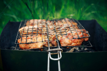 野外烤肉烧烤戳穿肉烤肉串火红的烤架上照片