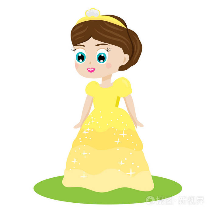 可爱的卡哇伊童话里的公主在黄色的连衣裙和皇冠.女孩在皇后的服装.