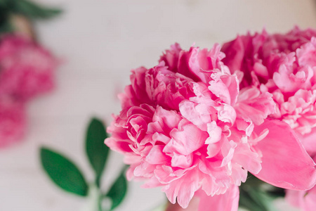 在一张木桌上的粉色牡丹的香味。礼品情人节 Day.Flowers 背景