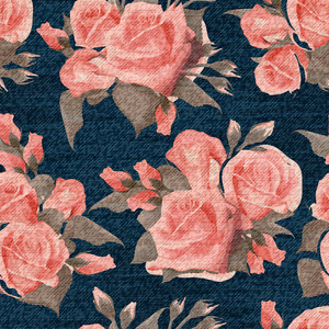 粉红玫瑰的花无缝印上蓝色牛仔布背景。柔和的英国玫瑰上深蓝色背景中，彩色图形，蓝色牛仔裤贴图，手绘矢量