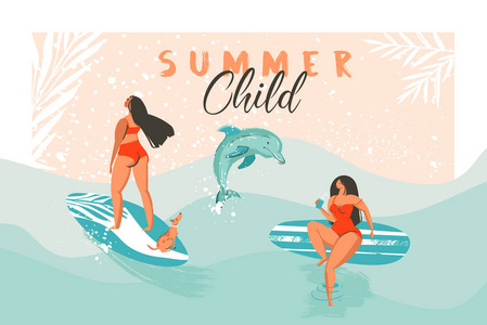 手绘制的矢量抽象的夏季时间有趣插图海报与冲浪女孩与狗在蓝色的海洋波浪纹理和现代书法报价夏季儿童红色比基尼