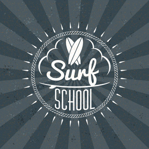 冲浪学校和租赁夏季徽章。排版的复古风格标签质感黑色背景。出租或旅行社的概念。矢量图