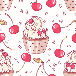 手与嘟嘟蛋糕和樱桃奶油的绘制无缝模式。食品背景