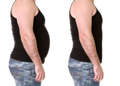 在白色背景上减肥前后的男性。卫生保健和饮食概念