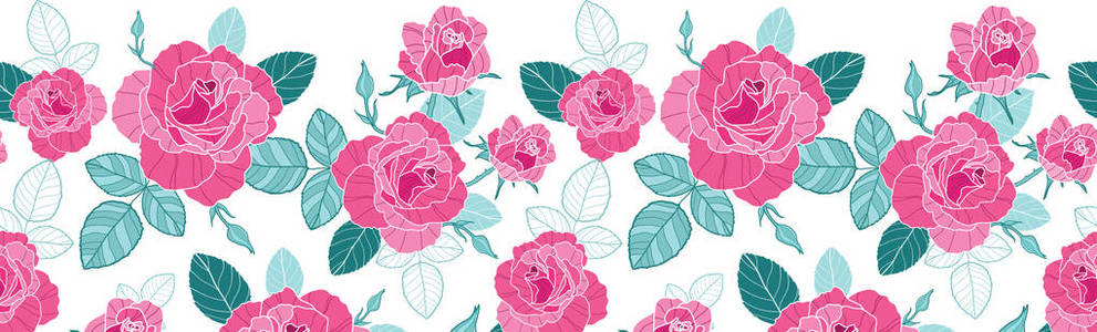 矢量复古粉红玫瑰和蓝色的叶子上白色背景水平无缝重复图案边界。伟大的复古面料，壁纸，剪贴簿项目