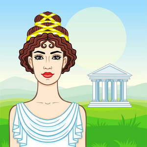 欧洲古代卷发动画肖像的年轻美丽的希腊女人穿着古代的衣服.