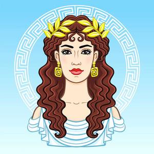动画的桂冠的古代衣服年轻美丽的希腊女人肖像。装饰圈。蓝色背景上孤立，矢量图