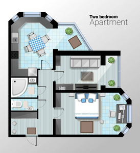 矢量顶视图插画的现代两间卧室的公寓。详细的餐厅与厨房 浴室 卧室相结合的建筑计划。家庭室内