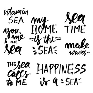 海报价。刻字为您设计的插图的手。我家是海。幸福就是一片海洋。你 我和大海