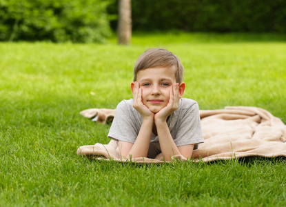 可爱的小男孩，休息在绿草夏季时间，野餐