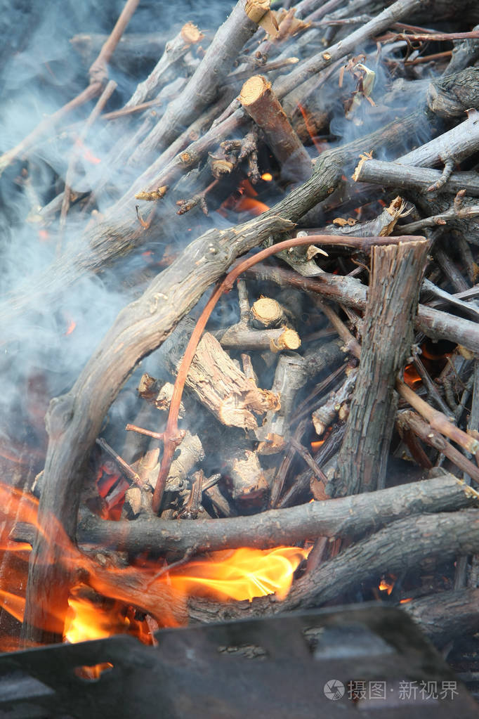烤架上的火和柴火