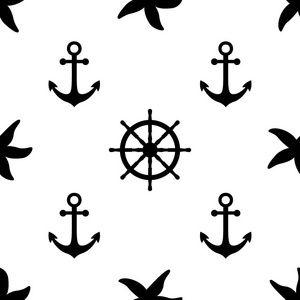 矢量与海象征无缝模式。海洋和航海的背景。海的主题。纺织品的印花和包装纸的背景。矢量图