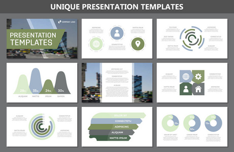设置的绿色和蓝色元素为多功能演示文稿模板幻灯片与图形和图表。单张 企业报告 市场营销 广告 年度报告 书籍封面设计