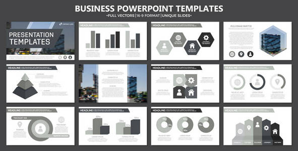 一整套灰色元素为多功能演示文稿模板幻灯片与图形和图表。单张 企业报告 市场营销 广告 年度报告 书籍封面设计