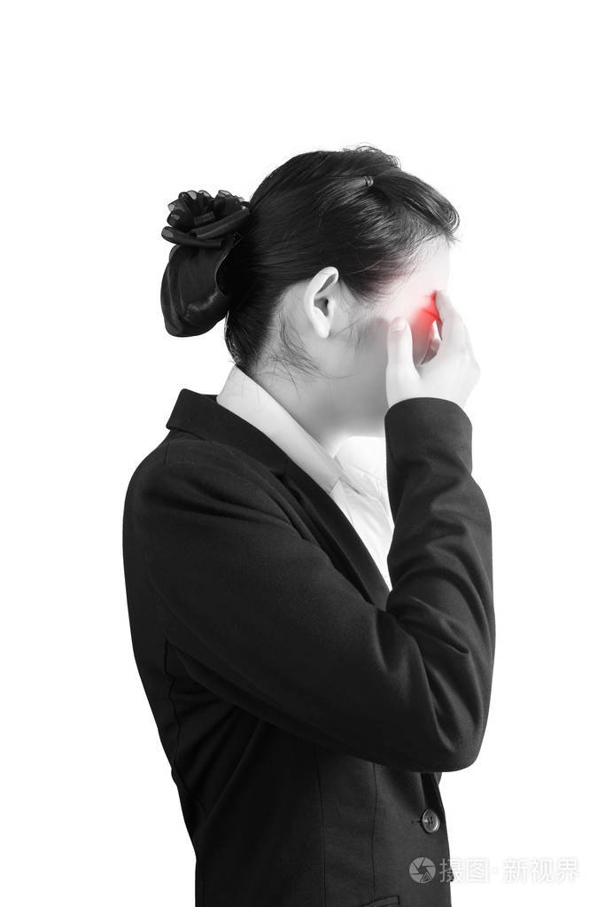 眼睛疼痛在白色背景上分离出一个女人的眼睛疲劳白色背景上剪切路径