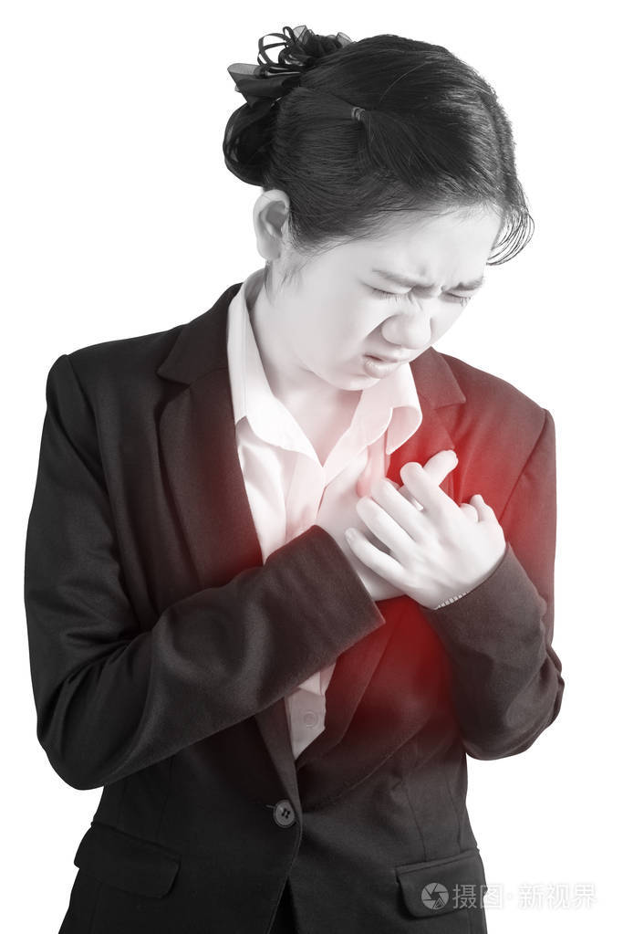 胸痛或哮喘的孤立的白色背景上一个女人白色背景上剪切路径