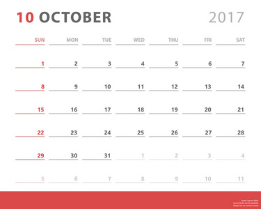 日历企划 2017年 10 月周开始周日，矢量设计模板