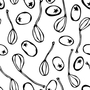 无缝刺山柑和青橄榄。孤立在白色背景上。现实的涂鸦卡通风格手绘素描矢量图。食物模式